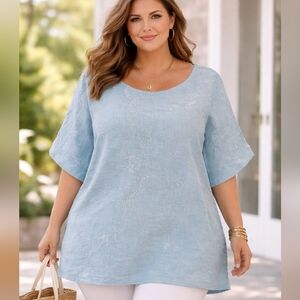 Valentina Naldi🇮🇹100%LINEN Light Blue Embroidered Scoop-Neck Tunic Top Sz 3X